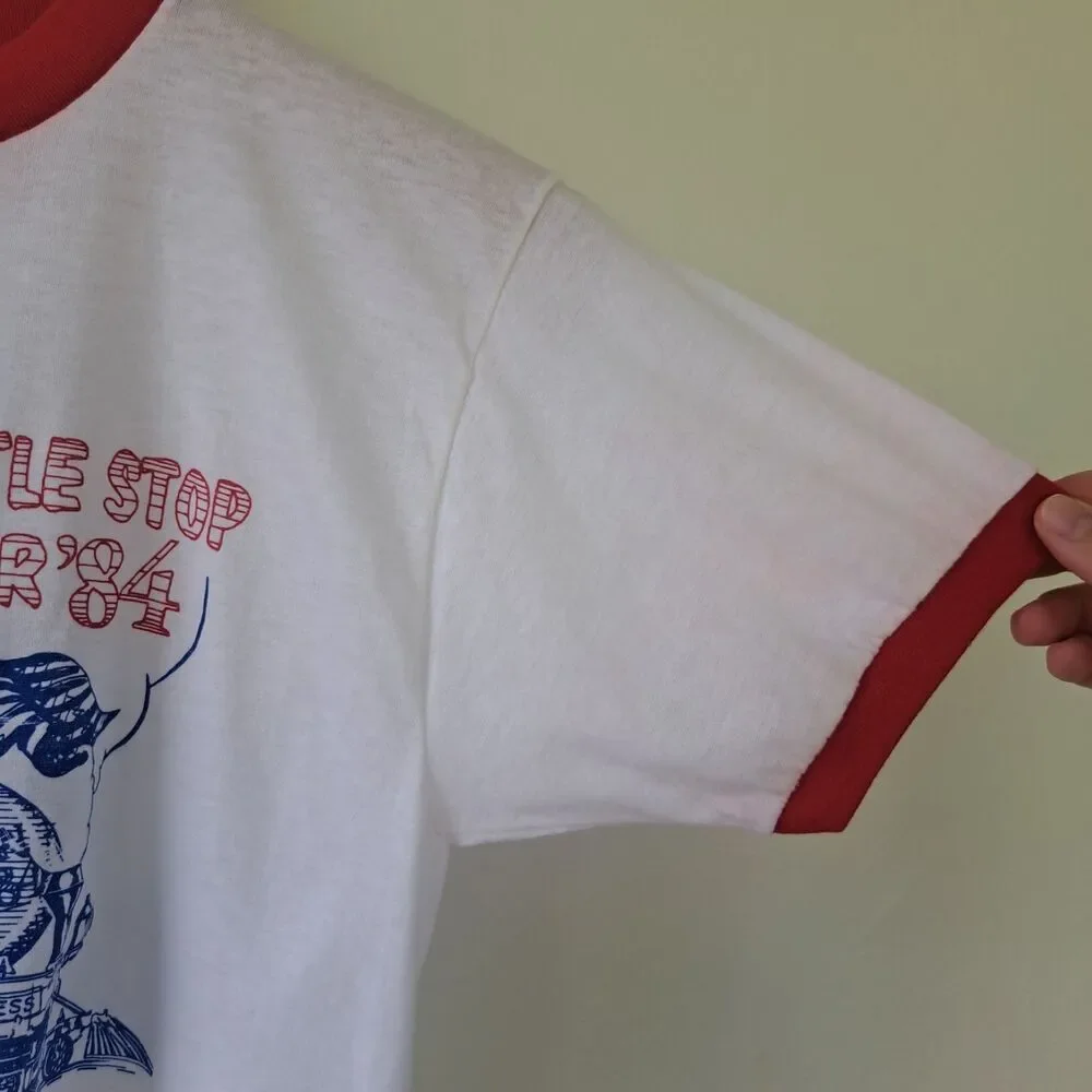 Vintage Political Campaign Ringer TShirt 1984 Reagan Bush Whistle Tour FLAW READ